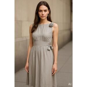 Reformation 100% Silk Dress Gray Midi A-Line Bow Detail Sz 14 Bridesmaid